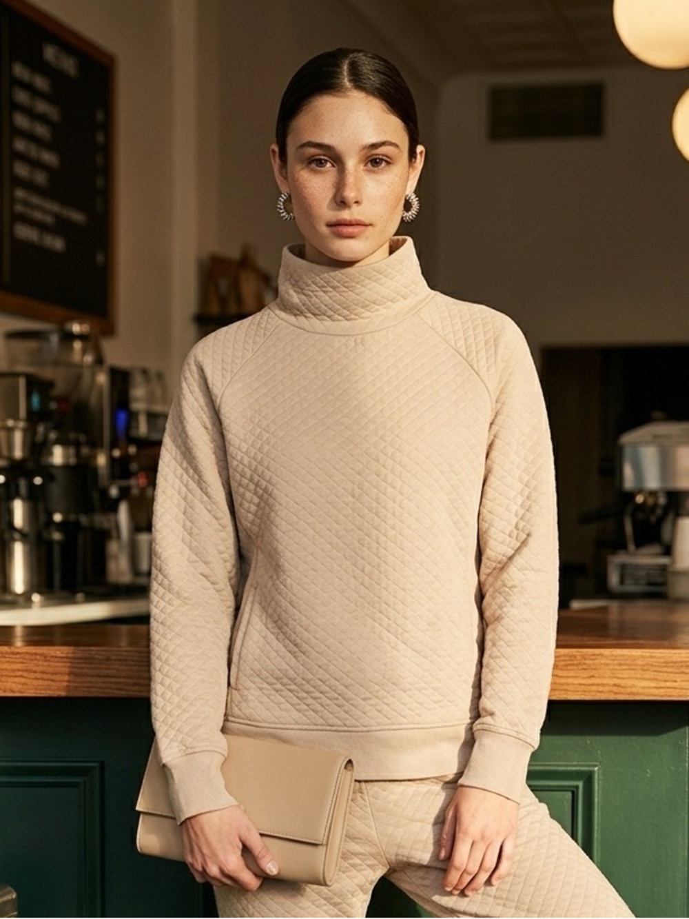 Wind River Beige Quilted Turtleneck Sweater - Size Small